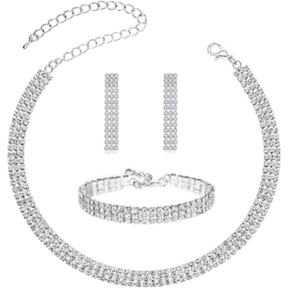 Crystal Wedding Jewelry Set, Silver Necklace Earrings Bracelet Crystal Bridal We